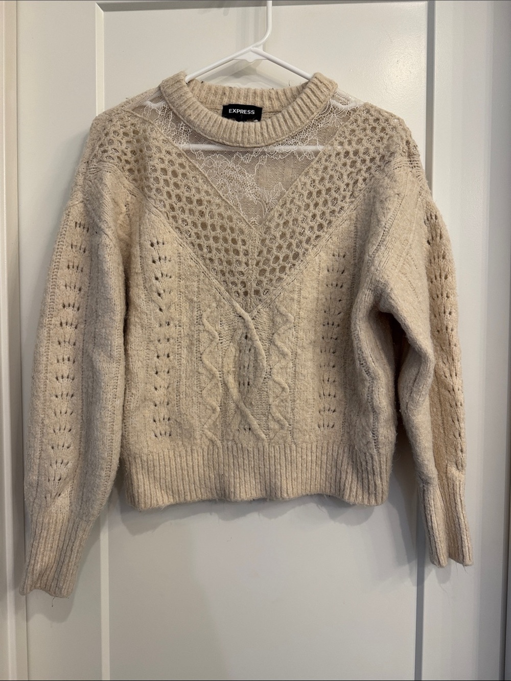 Express Cream Lace-Detail Cable Knit Sweater